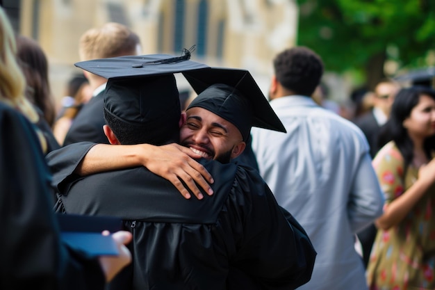 Photo high school friend graduates hugging in cap and gown