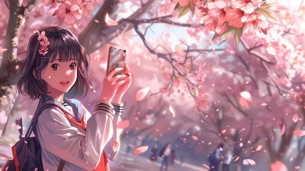 High School Girl Enjoying Cherry Blossoms