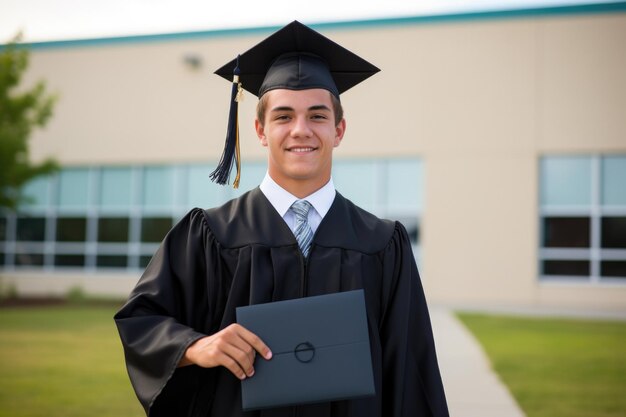 High school graduate holding diploma in front of school