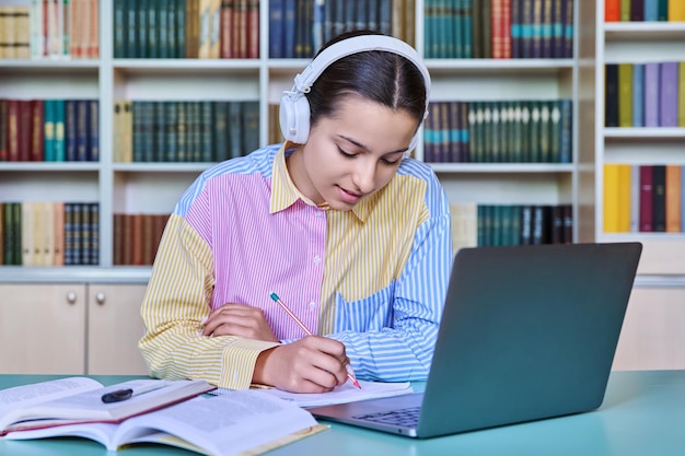 High school student girl in headphones studying in school library using books and laptop Technology education knowledge adolescence concept