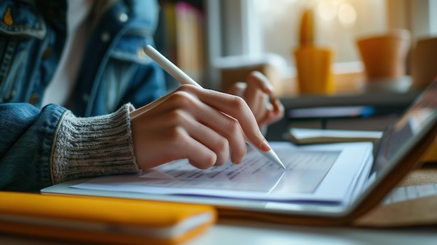 Photo a high school student using a digital stylus on a tablet in a minimalist workspace