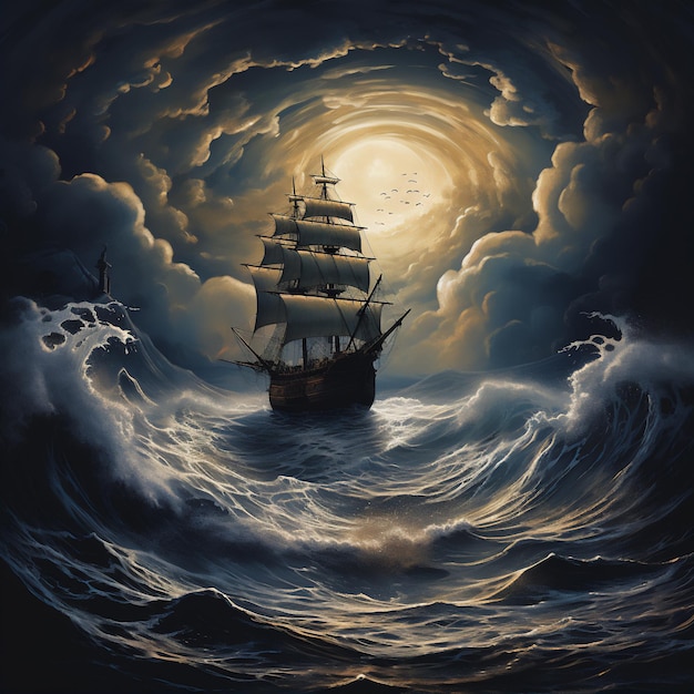 Высокое море с гигантской драматической волной в полнолуние мандала художественный стиль огромный пиратский парусный корабль