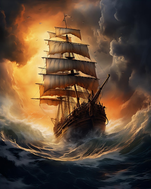 high sea with giant dramatic wave in the storm a huge pirate sailing ship sailed above it