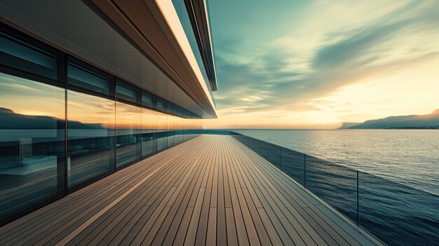 High Seas Yacht Adventure Modern Wood and Glass Ship Deck with Ocean and Clouds Generative AI