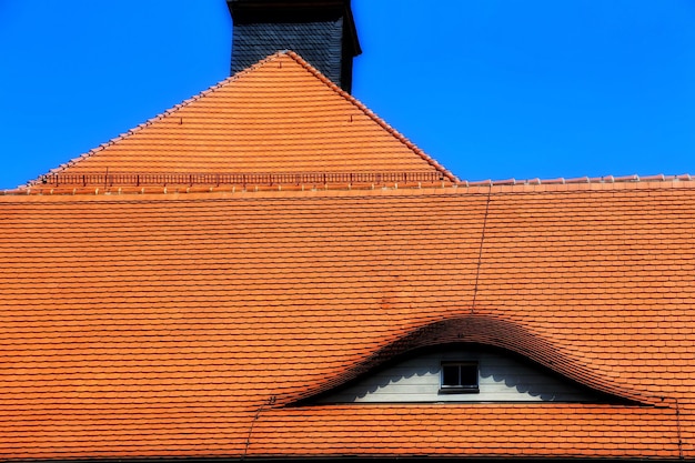high section of roof against clear blue sky