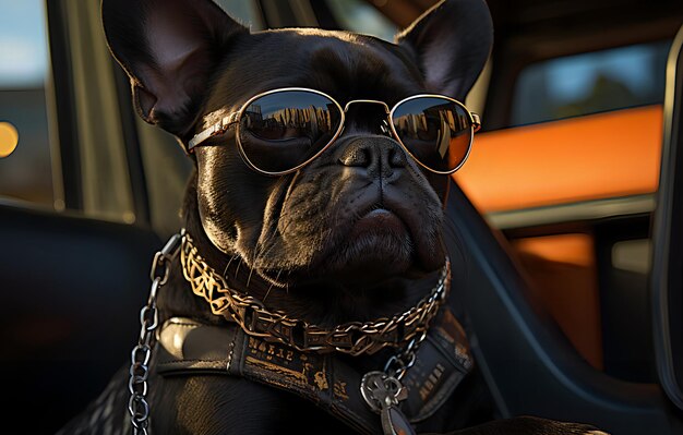 High society Franse Bulldog puppy zittend in een luxe SUV