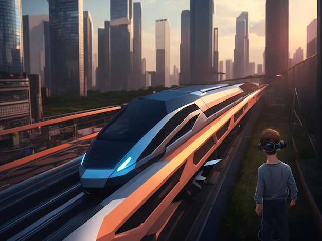 Foto treno proiettile ad alta velocità che viaggia attraverso una città futuristica