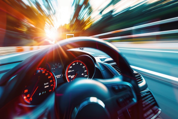 High speed car on racetrack background in motion blur