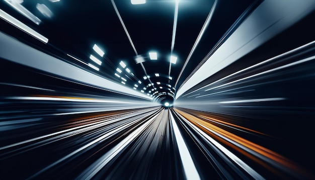 Photo high speed motion blur driving through a tunnel at night futuristic high speed monorail trai