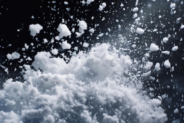 High speed photo of falling snowflakes on black background