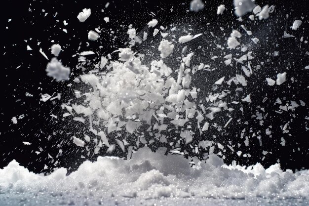 High speed photo of falling snowflakes on black background