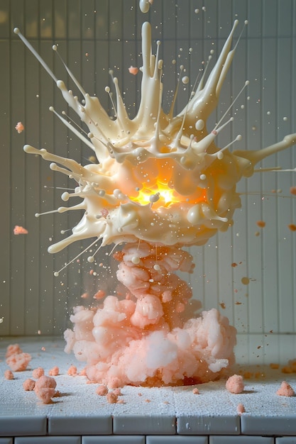 Photo high speed photography of explosive milk splash with orange light background