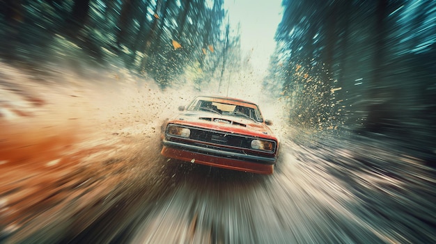 High speed shot of a rally car made from cinematic angle Fast sports car with speed lines