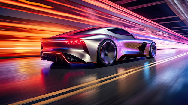 High-speed sportwagen racen door een futuristische tunnel versierd met betoverende neonlichten reflecteren van het gladde oppervlak van de auto high-speed racing dynamische en opwindende scène