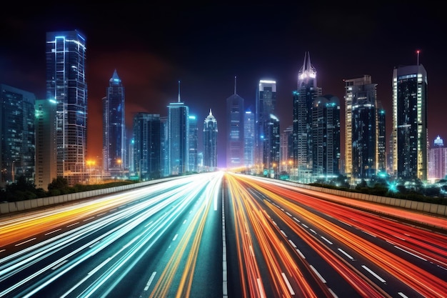 Высокоскоростное движение и светлые тропы на шоссе в сумерках Современный город ночью Генеративный ИИ