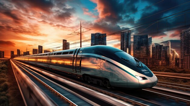 A high speed train is going through a city.