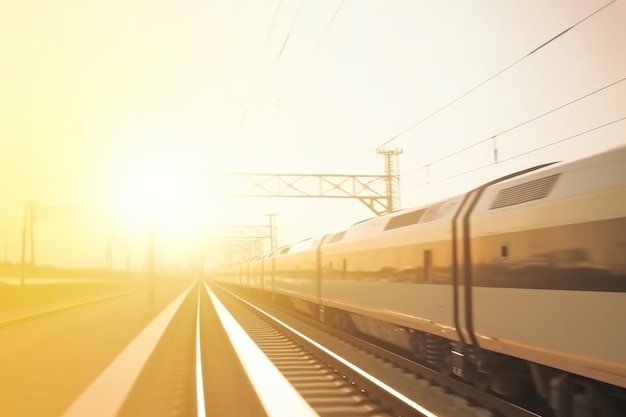 Скоростной поезд покидает вокзал на закате, современный поезд наслаждается плавным путешествием по железнодорожной линии