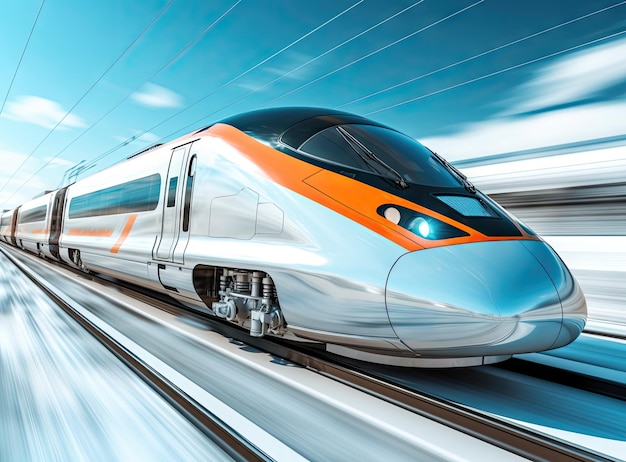 High speed train in motion Modern intercity passenger train with motion blur effect on the railway platform created with Generative Al technology