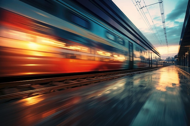 High speed train in motion on railway station at sunset Generative AI illustration