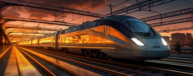 High speed train in motion on the railway station at sunset Generative ai