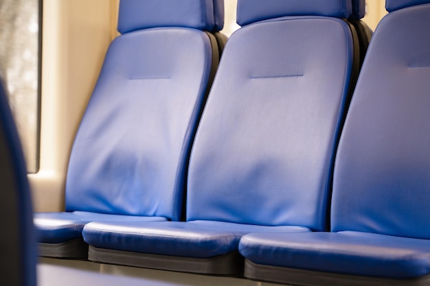 High speed train seats blue color closeup