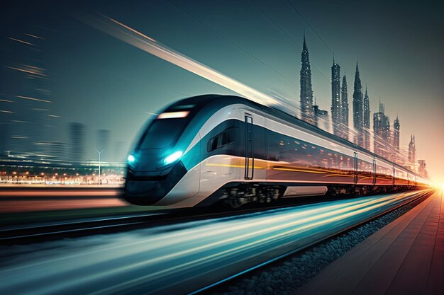 High speed train at station and blurred cityscape at night on background generative ai