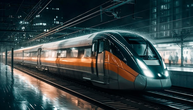 High speed train at the station and blurred cityscape at night in the background