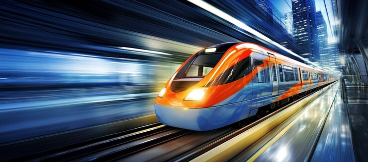 high speed train with motion blur in the city panoramic layout Generative Ai