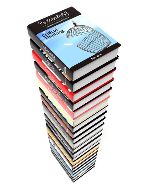 Photo high stack of books with various subjects isolated on white background