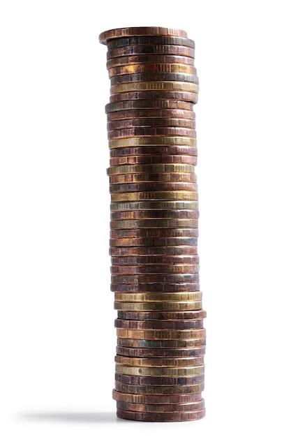 High stack of copper coins isolated on white