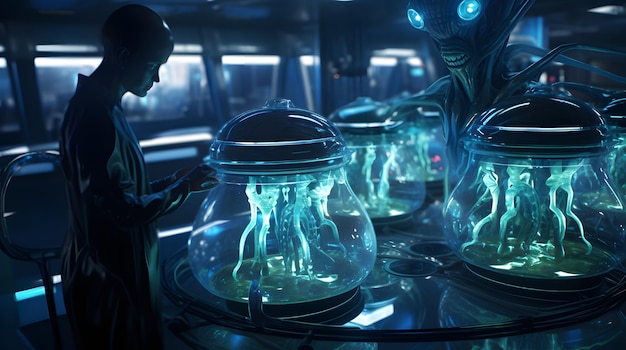 Foto un laboratorio alieno ad alta tecnologia che conduce esperimenti.