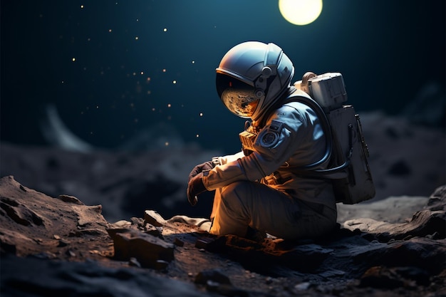 Photo high tech astronaut in spacesuit working on a laptop futuristic portrait