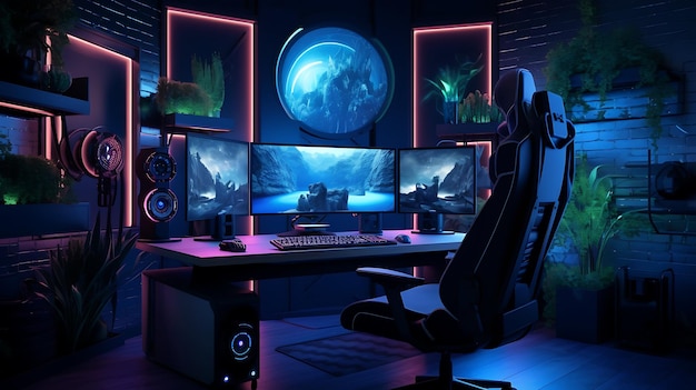 Photo high tech computer and gaming room realistic 8k ultra hd setup