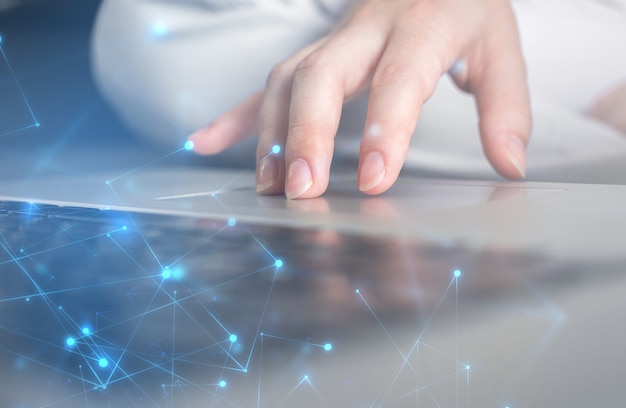 High tech concept. Businesswoman hand working on laptop keyboard. Data record system, document management concept. Double exposure photo