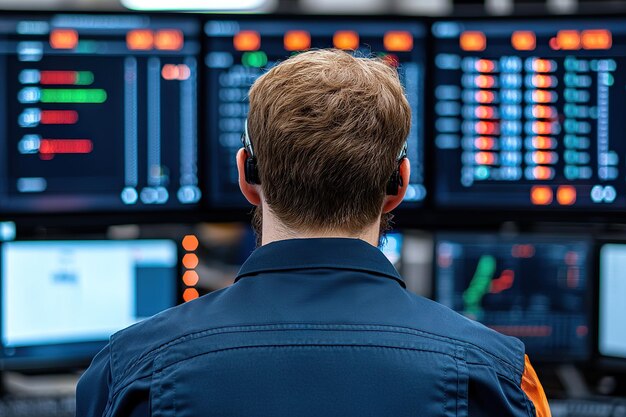 高科技控制室顯示實時庫存數據,有聚焦的操作員屏幕顯示各種指數和分析,創造動態工作環境