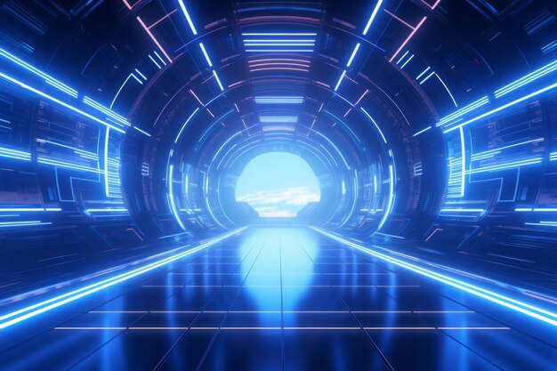 Высокотехнологичный туннель киберпространства Технологическая поверхность Научно-фантастическая сцена Генеративная иллюстрация ИИ