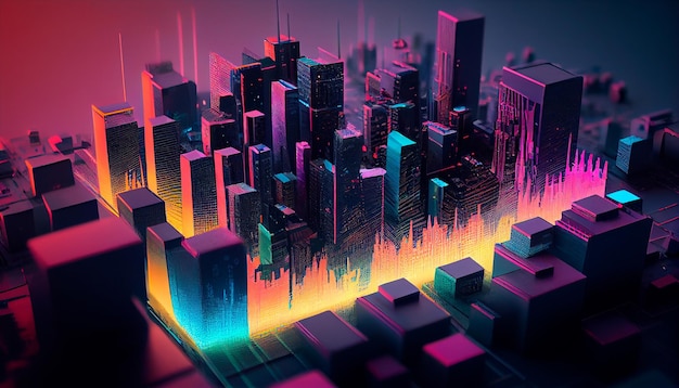 High tech data network color grids over miniature cityscape with cinematic coloring Generative AI