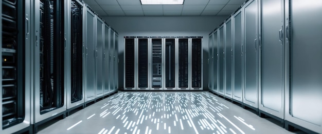 Photo high tech empty server room featuring silver racks and organized equipment