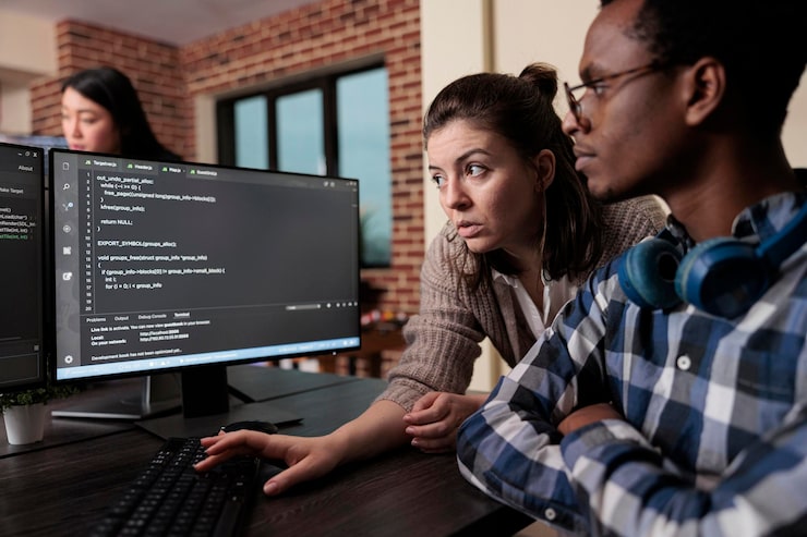 Photo high tech engineer encrypting platform informations through peer to peer file sharing ability. database server admin updating cloud files processing rate using advanced compression algorithm.