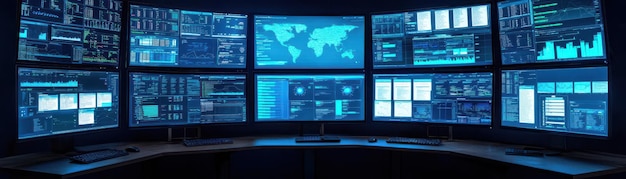 high tech environment with multiple monitors displaying data analytics world maps and graphs setup suggests control room or data center emphasizing technology and information processing