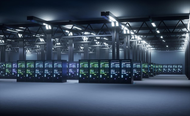 Photo high tech facility designed to ensure critical data is stored and processed in secure, reliable, and highly available manner. servers requiring massive computational firepower, 3d render animation
