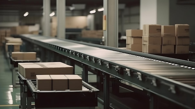 Конвейерные ленты высокотехнологичного завода с коробками, генерирующим искусственный интеллект