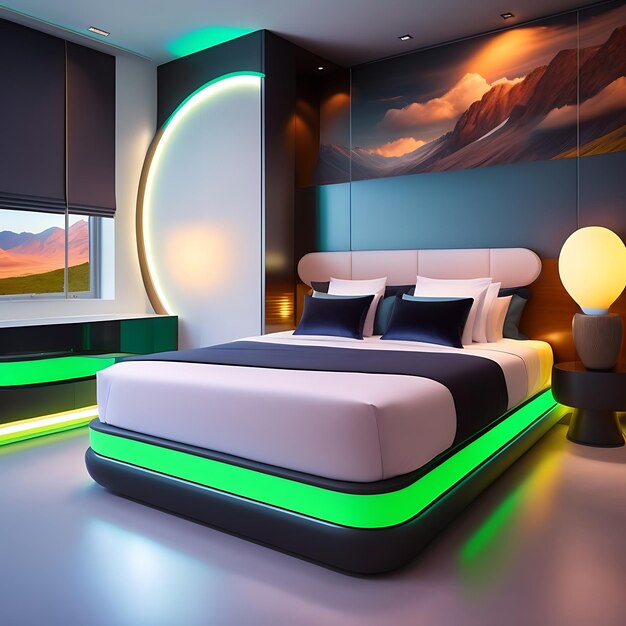 High tech futuristic bedroom with sleek furniture