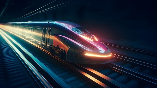 Photo high tech and futuristic bullet train moving at a very high speed on railway track