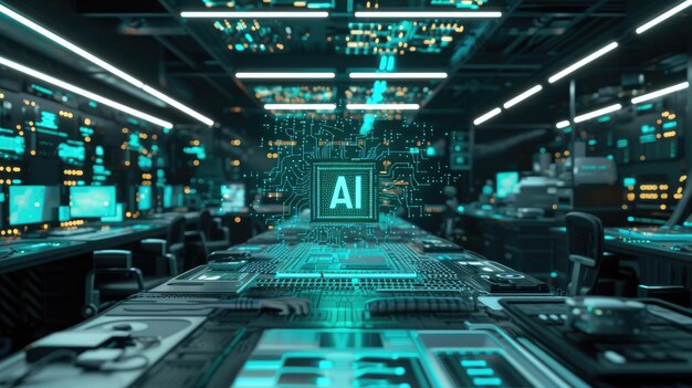 Foto laboratorio ad alta tecnologia con chip ai e circondato da vari dispositivi elettronici ai intelligenza artificiale