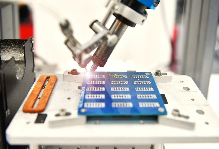 Photo high technology and modern automatic robot for print circuit board at factory