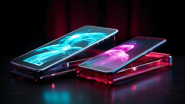 High technology smart phone with neon light demonstrate for new technology for Ai Generative