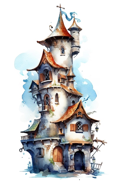 High tower castle watercolor clipart isolated on white background with Generative AI