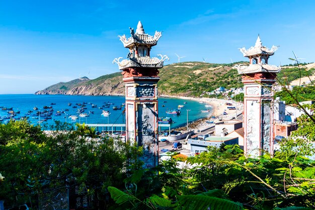 The high view angle of nhon ly fish village fish harbor from phuoc sa pagoda