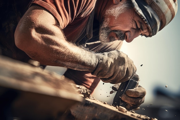 Photo high view close up handyman hammering a piece of metal